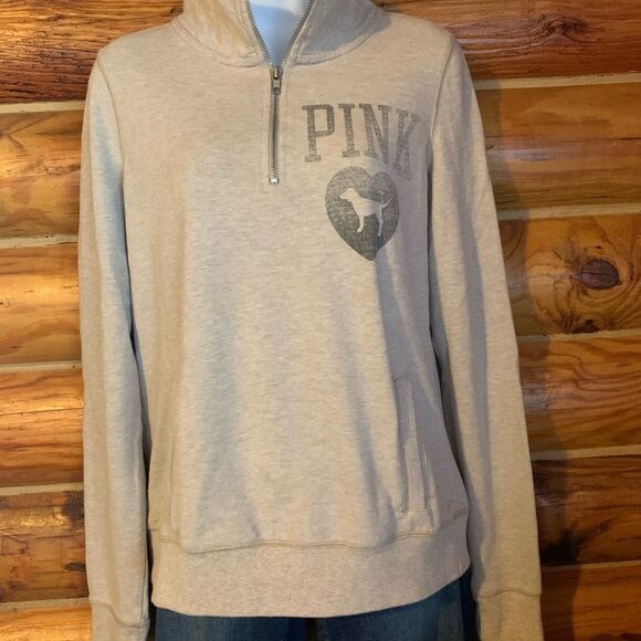 Victoria's Secret PINK Half Zip Heather Beige Tan Pullover Sweatshirt Sm… - Picture 1 of 12